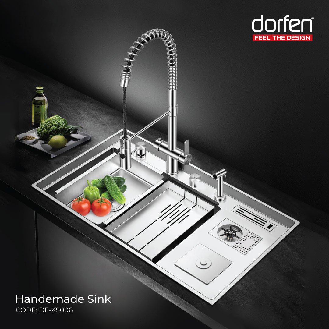 DORFEN Double Bowl with Drain Board Smart Handmade Sink, DF-KS006