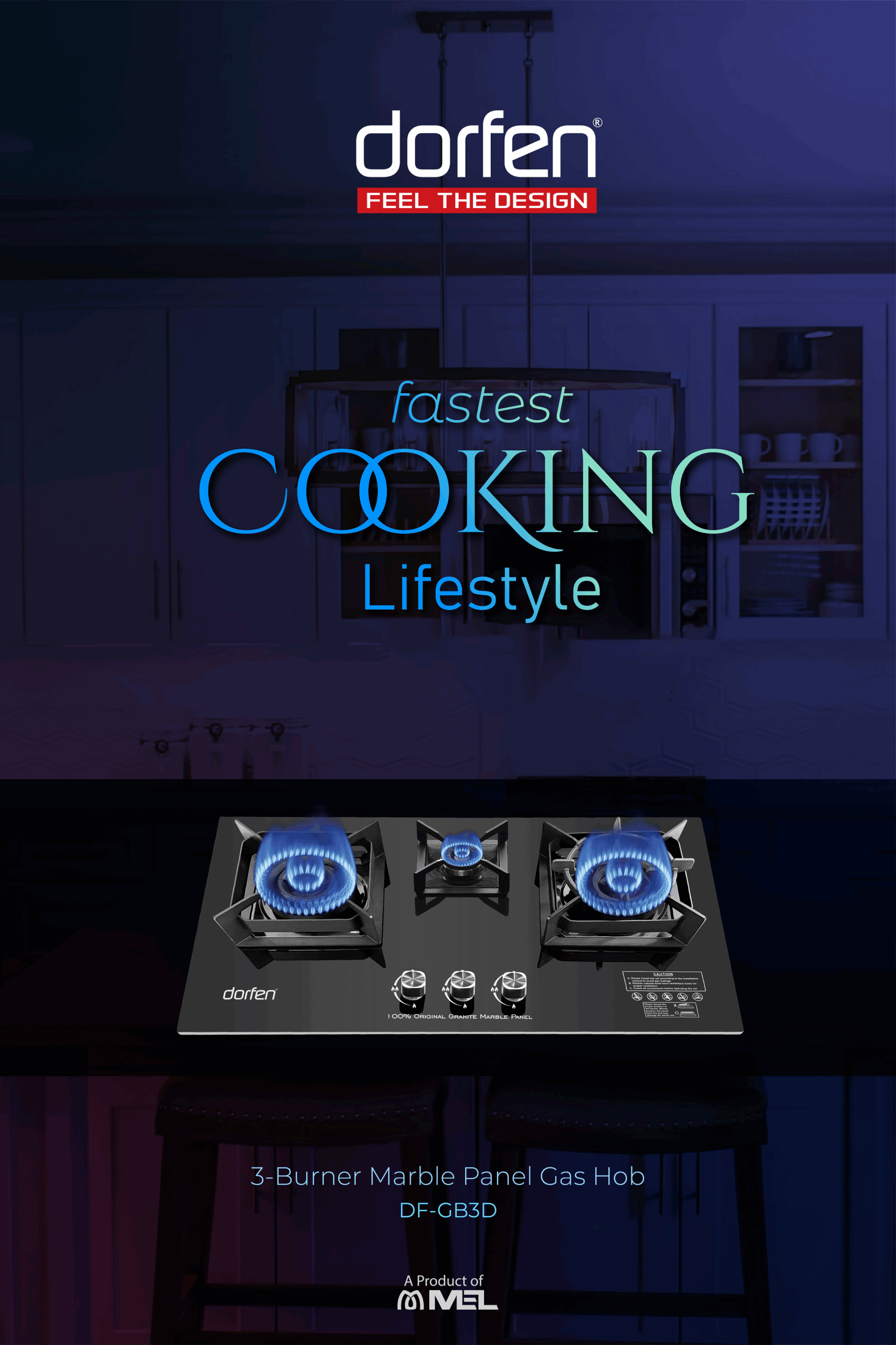 DORFEN Built-in Gas HOB with 3 Burner Marble Panel, DF-GB3D