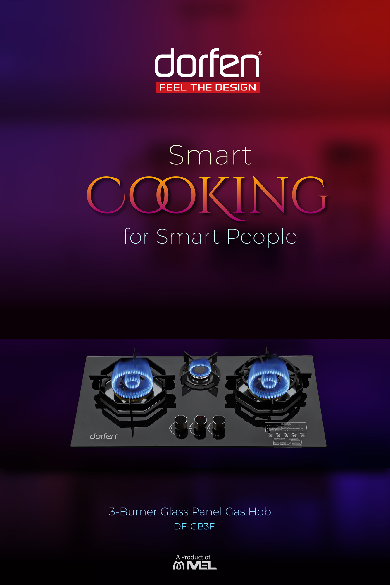 DORFEN Built-in-HOB Glass Top 3 Gas Burner, DF-GB3F